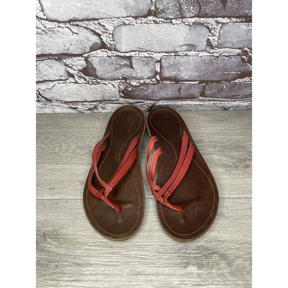 Olukai U'I-W Red Leather Thong FlipFlop Casual Slide Sandals Women Sz 8M US/38EU - Picture 4 of 16